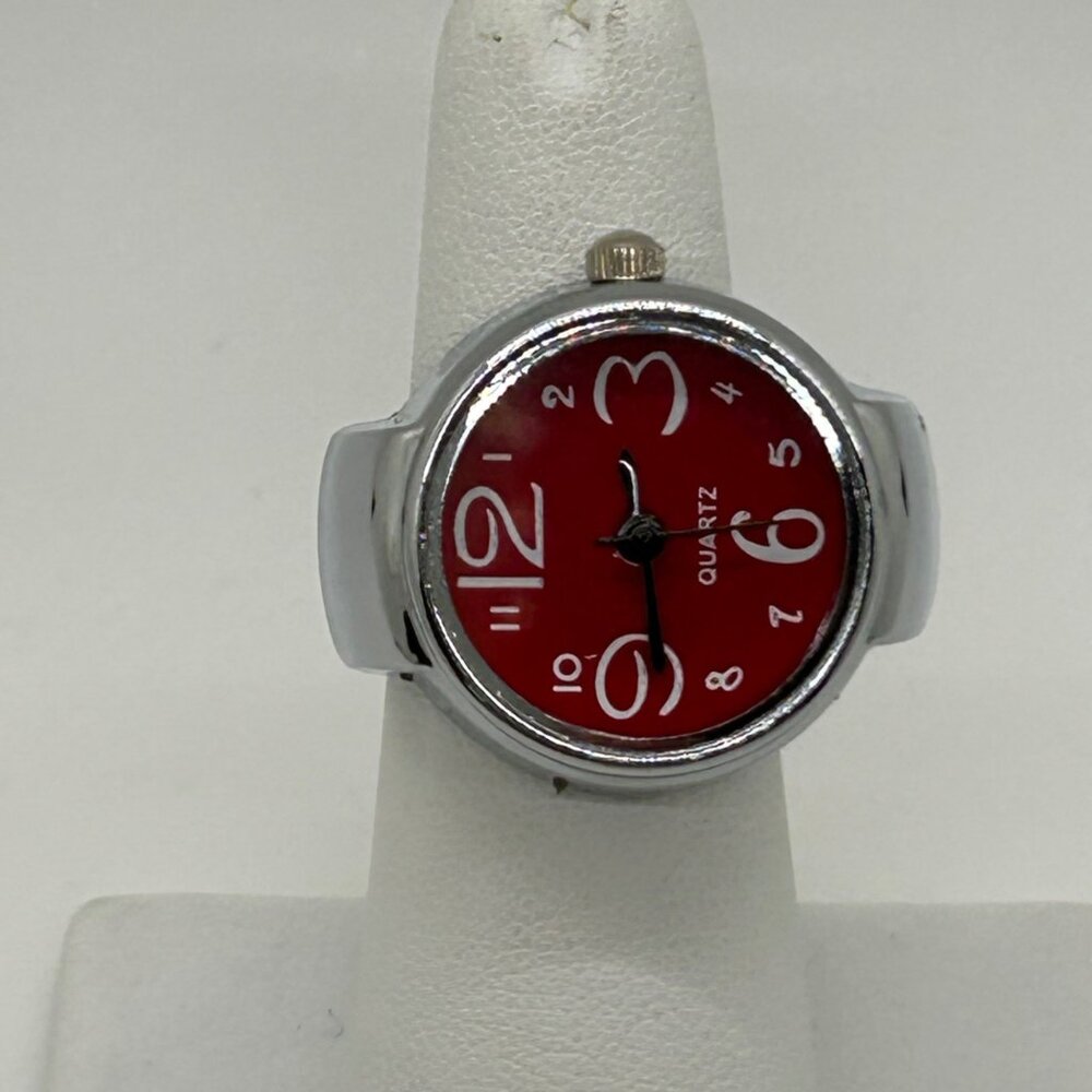 Silver-Tone Stretch Band Ring Quartz Watch With Red Face Adjustable Fit Works - Picture 3 of 10